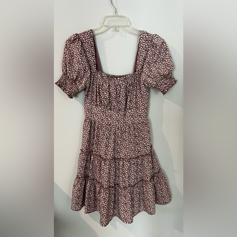 Altar'd State Brown and White Ruched Puff Sleeve Dress